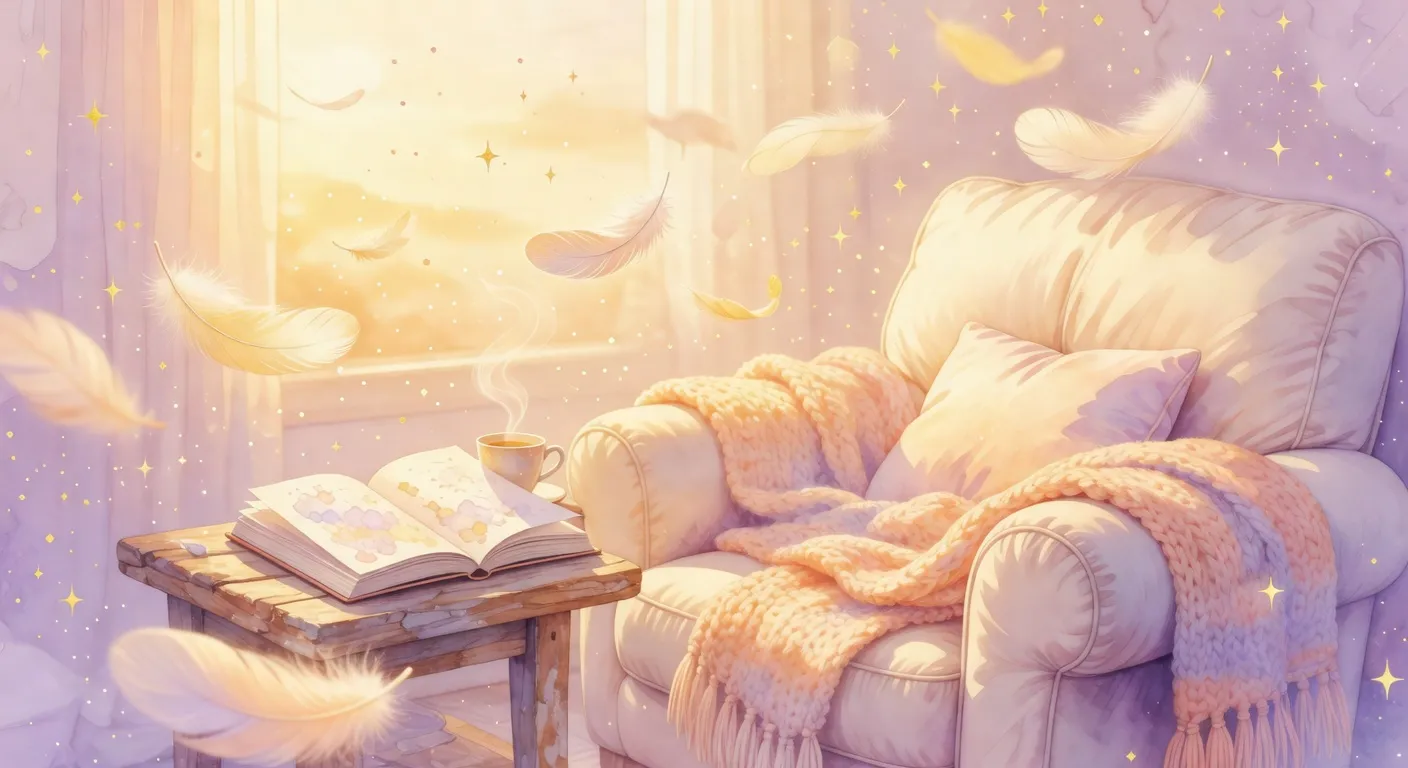 Illustration d'un coin lecture chaleureux avec des plumes et une lumière dorée