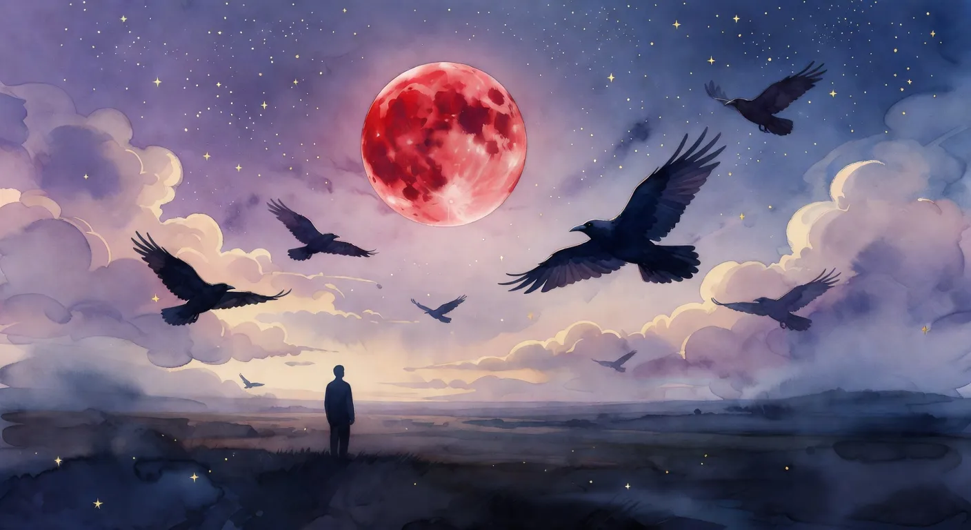 Illustration onirique d'une silhouette dans un paysage de cauchemar avec des ombres et une lune rouge