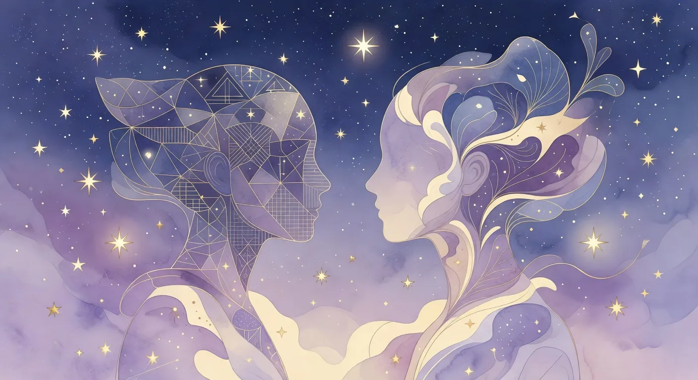 Illustration onirique de deux profils stylisés face à face dans un ciel étoilé
