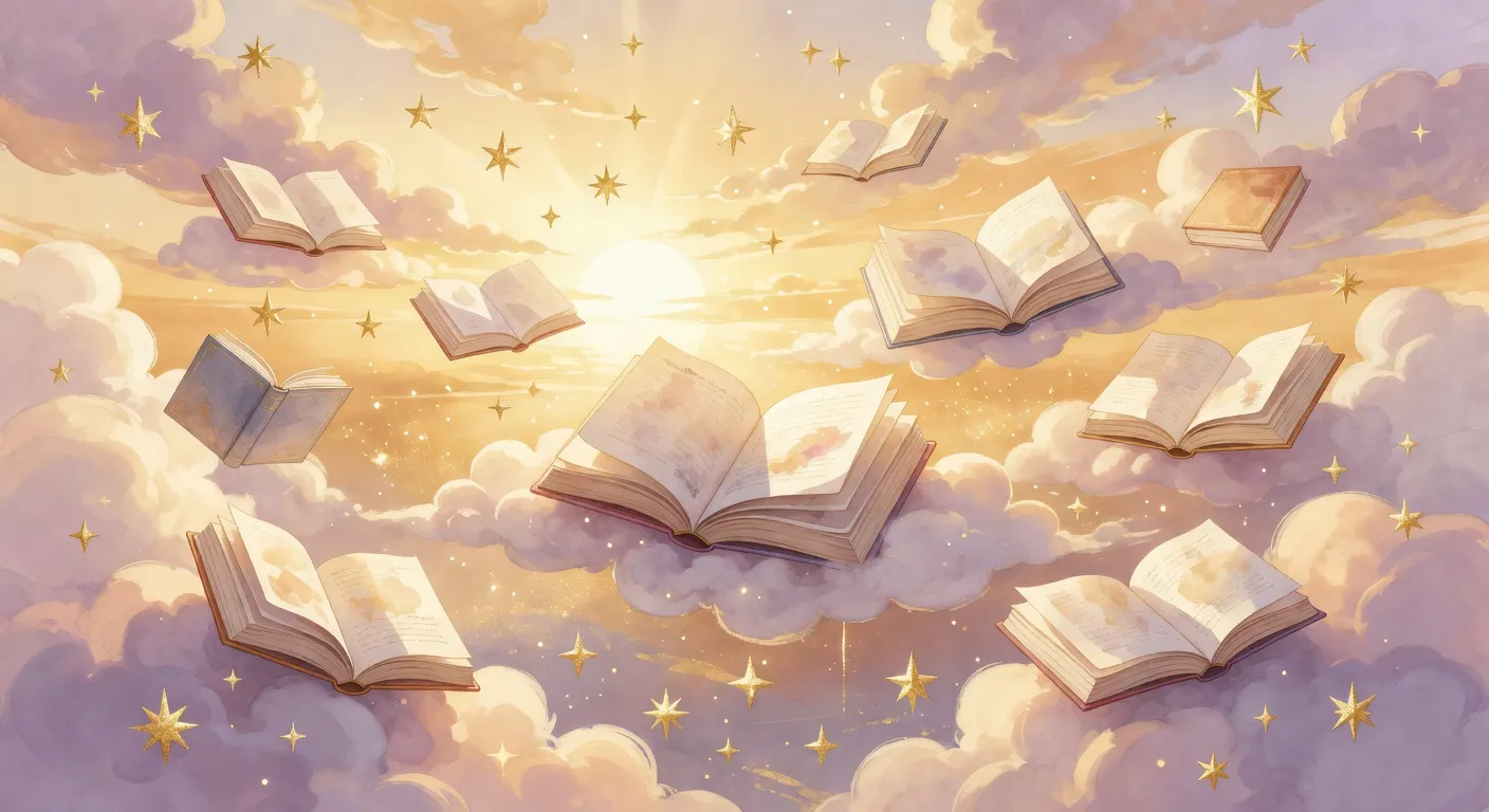 Illustration de livres ouverts flottant parmi des étoiles dorées