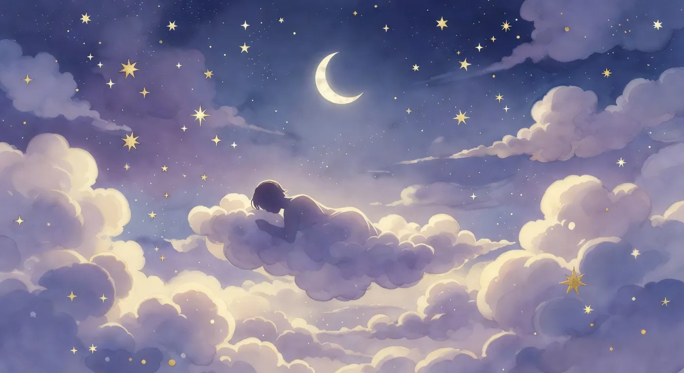 Illustration onirique d'un ciel étoilé avec une silhouette endormie