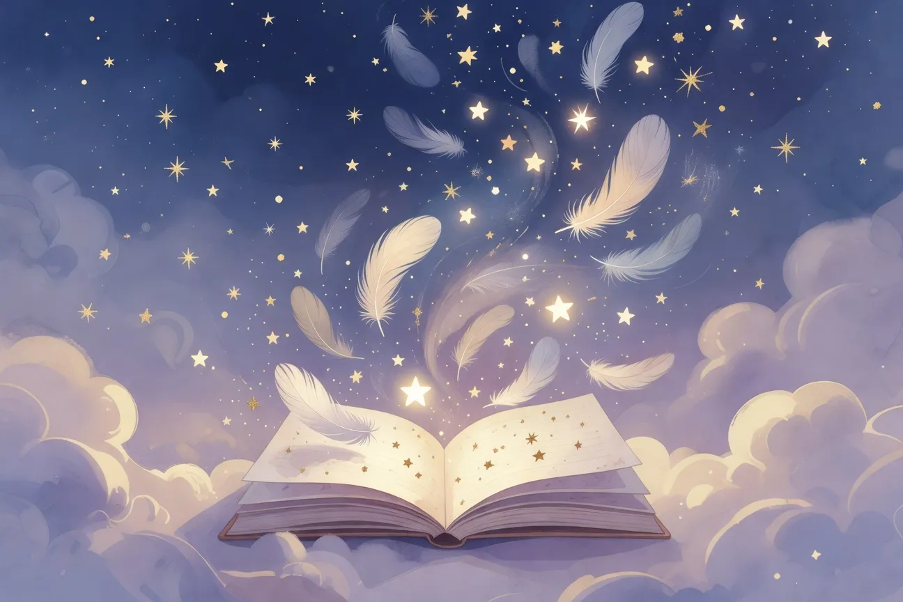 Illustration onirique d'un carnet ouvert avec des étoiles et des plumes qui en sortent