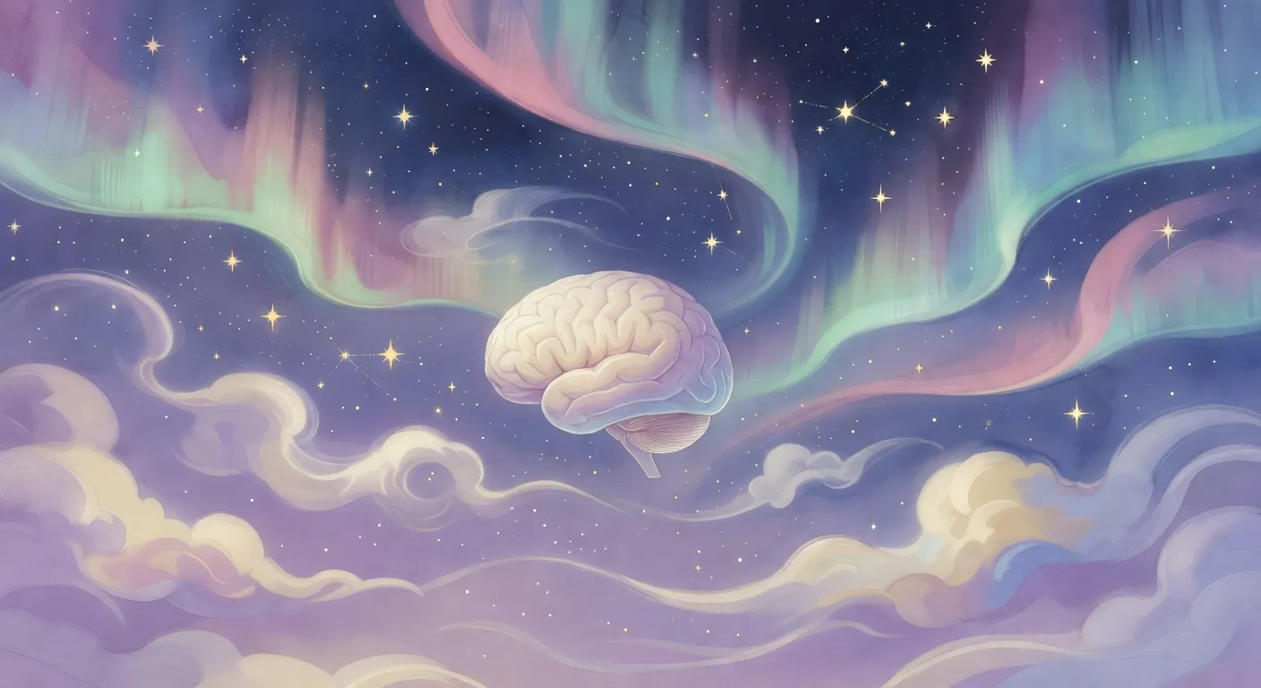 Illustration onirique d'un cerveau endormi avec des étoiles et des nuages