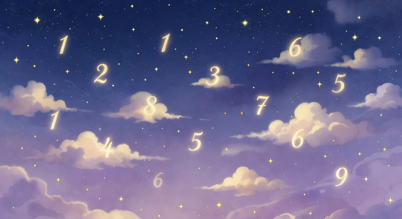 Illustration onirique de chiffres lumineux flottant dans un ciel étoilé bleu nuit