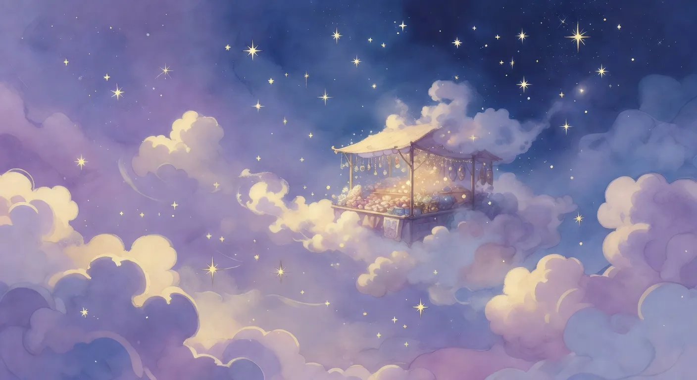 Illustration onirique d'une silhouette dans un marché flottant sous un ciel étoilé