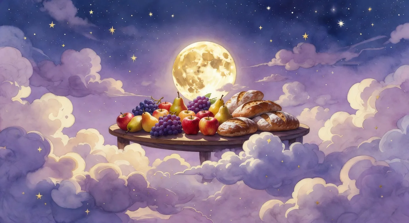 Illustration onirique d'une table dressée flottant dans les nuages sous une lune dorée