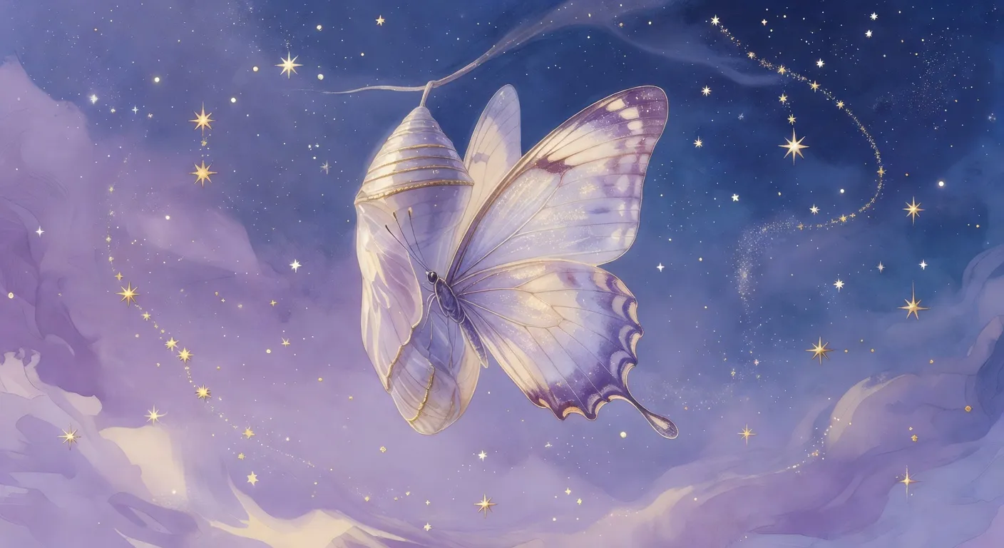 Illustration onirique douce d'un papillon s'envolant dans un ciel nocturne étoilé, symbolisant la transformation