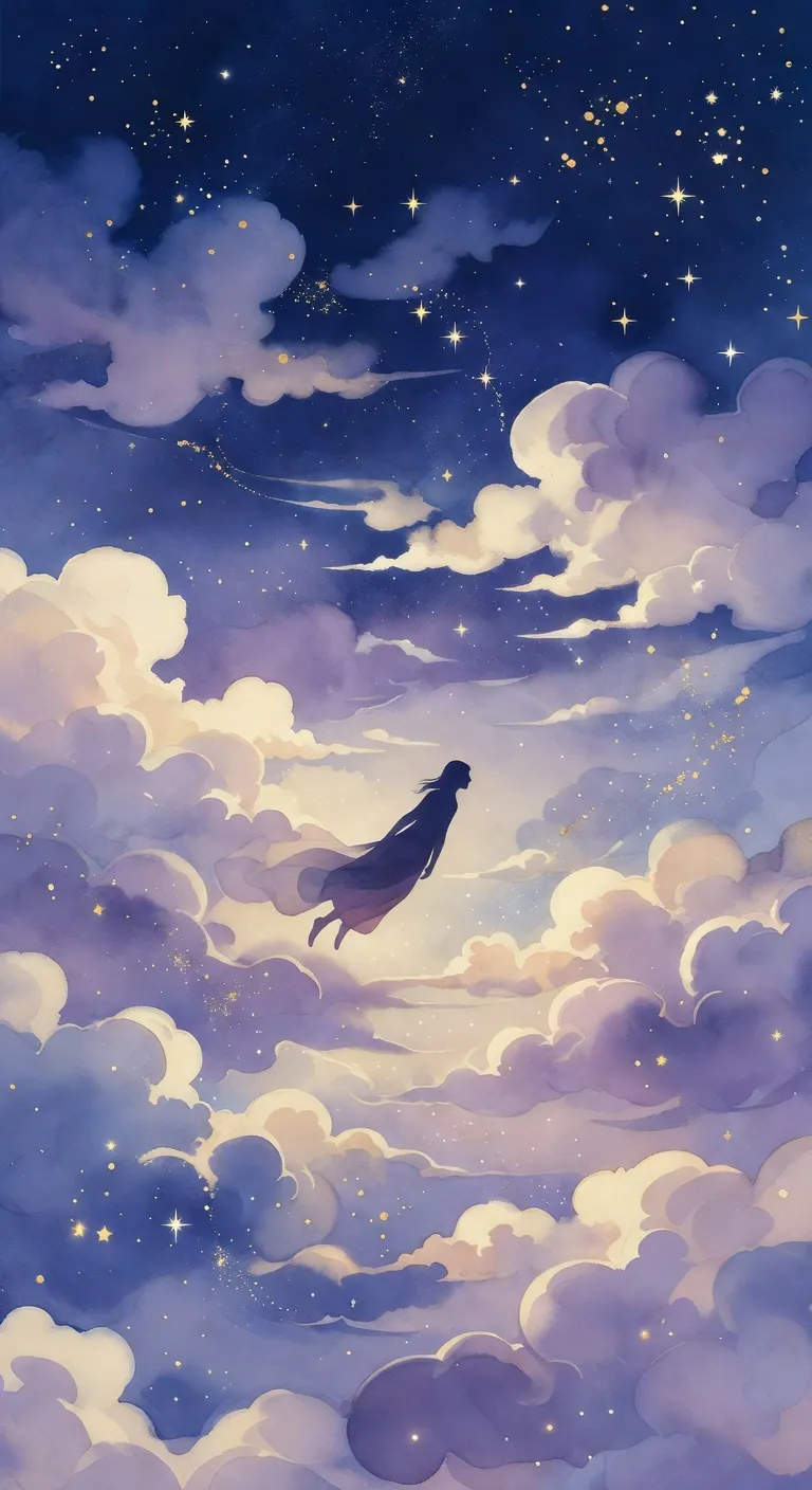 Illustration onirique d'une silhouette tombant lentement à travers des nuages étoilés dans un ciel bleu nuit