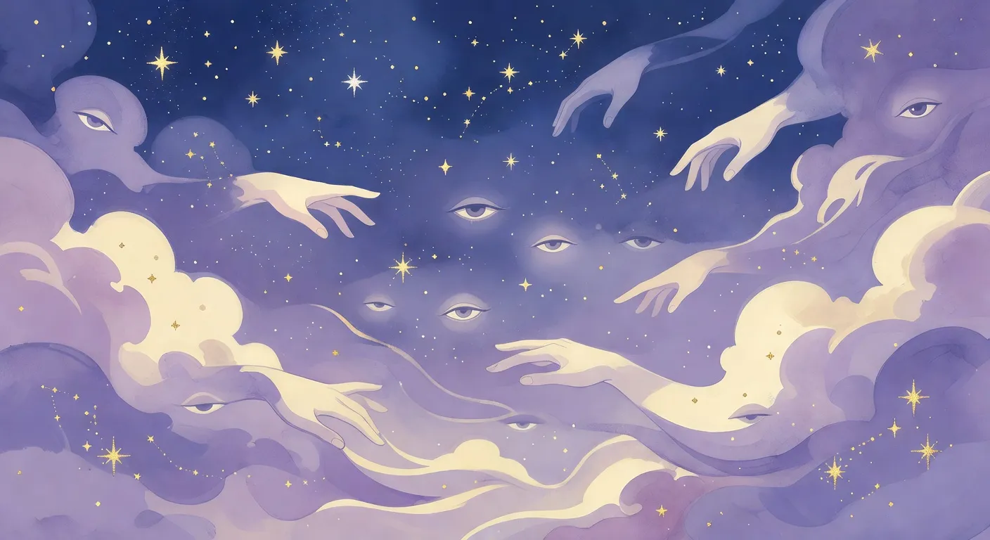 Illustration onirique abstraite de mains et yeux flottant dans un espace étoilé