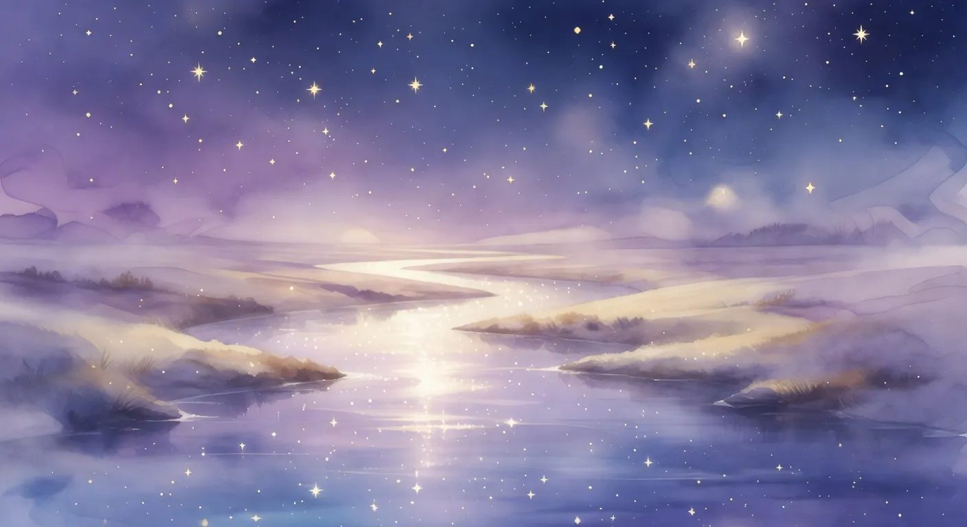 Illustration onirique d'une rivière de lumière serpentant dans un paysage nocturne bleu