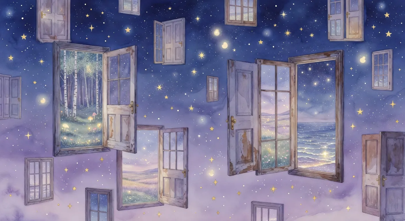 Illustration onirique de portes et fenêtres flottant dans un paysage nocturne
