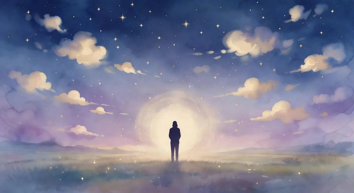 Illustration onirique douce d'une silhouette entourée de lumière guérisseuse dans un paysage nocturne