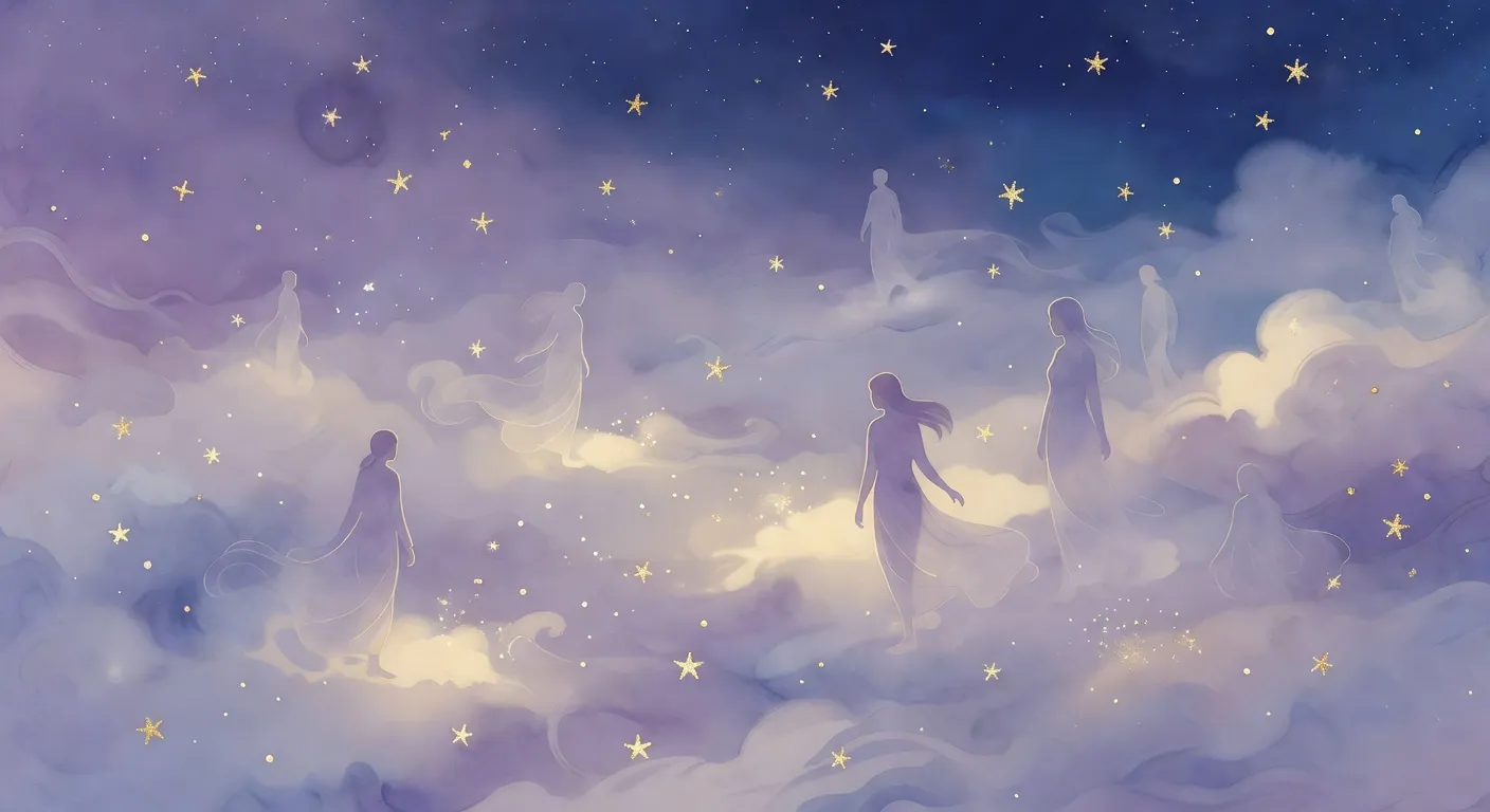 Illustration onirique de silhouettes translucides marchant dans un paysage de rêve étoilé