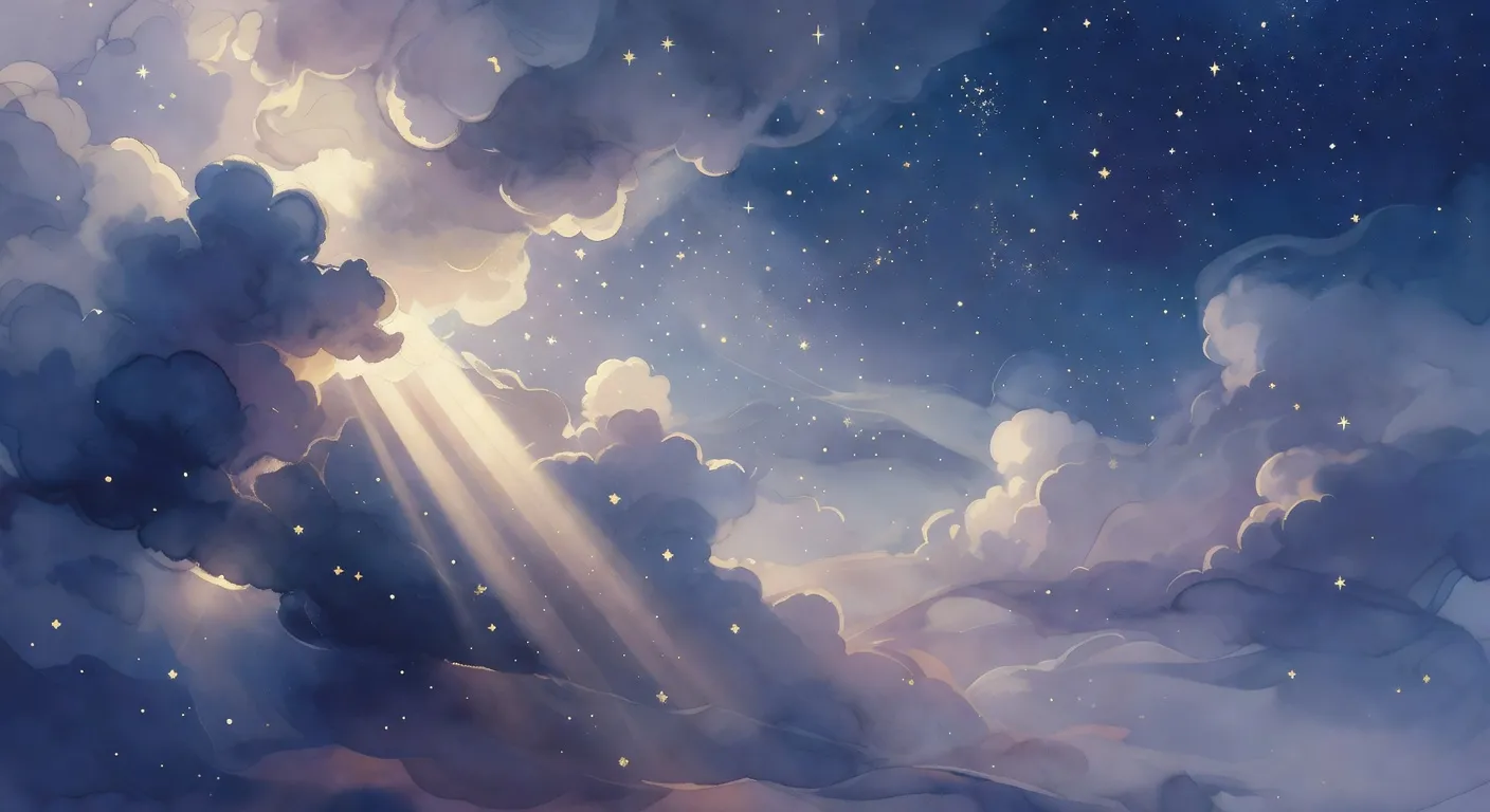 Illustration onirique abstraite d'ombres et de lumières en mouvement dans un ciel orageux