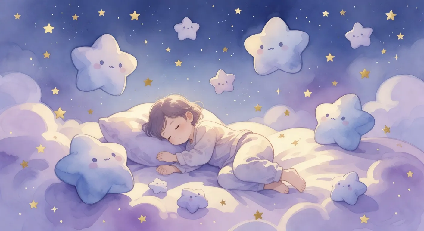 Illustration onirique douce d'un enfant endormi avec des étoiles et des animaux bienveillants