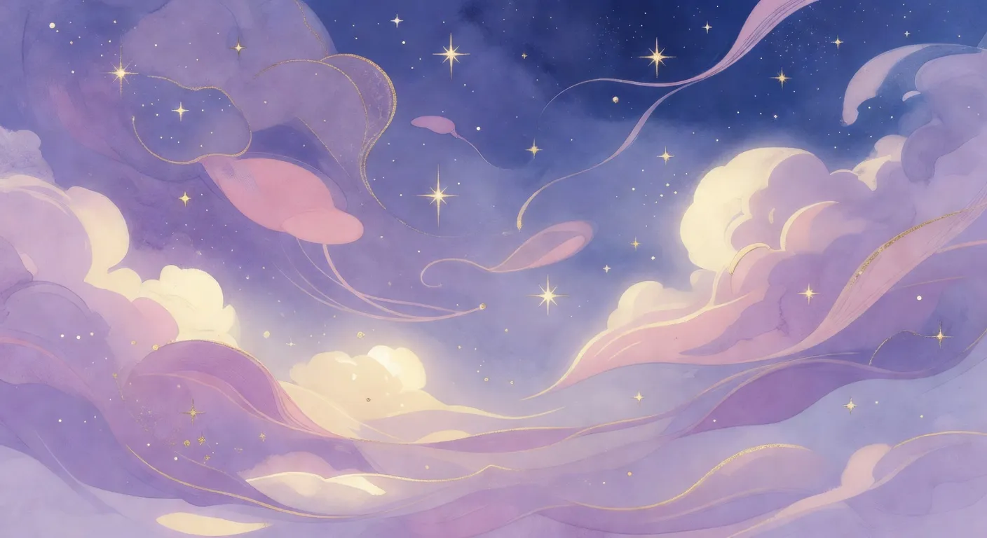 Illustration onirique abstraite de formes fluides roses et lavande dans un ciel nocturne