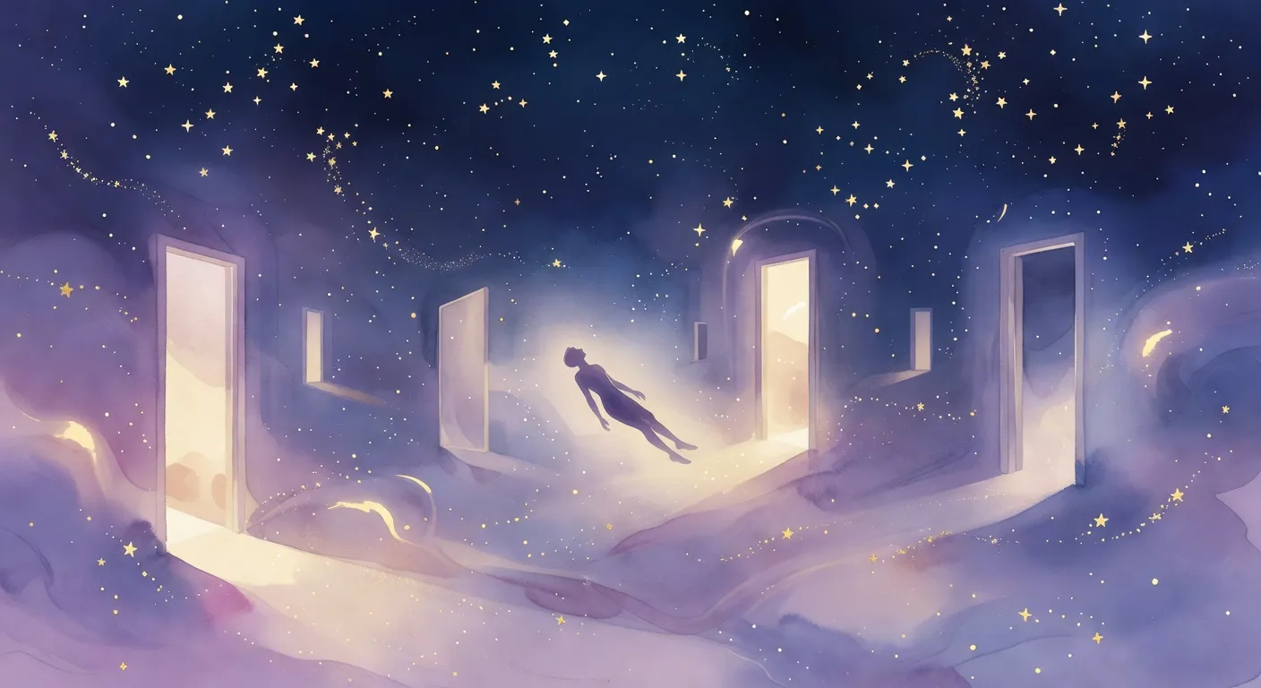 Illustration onirique d'une silhouette flottant dans un ciel étoilé avec des portes lumineuses