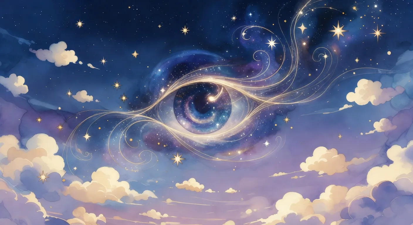 Illustration onirique d'un œil cosmique ouvert dans un ciel étoilé avec des filaments de lumière