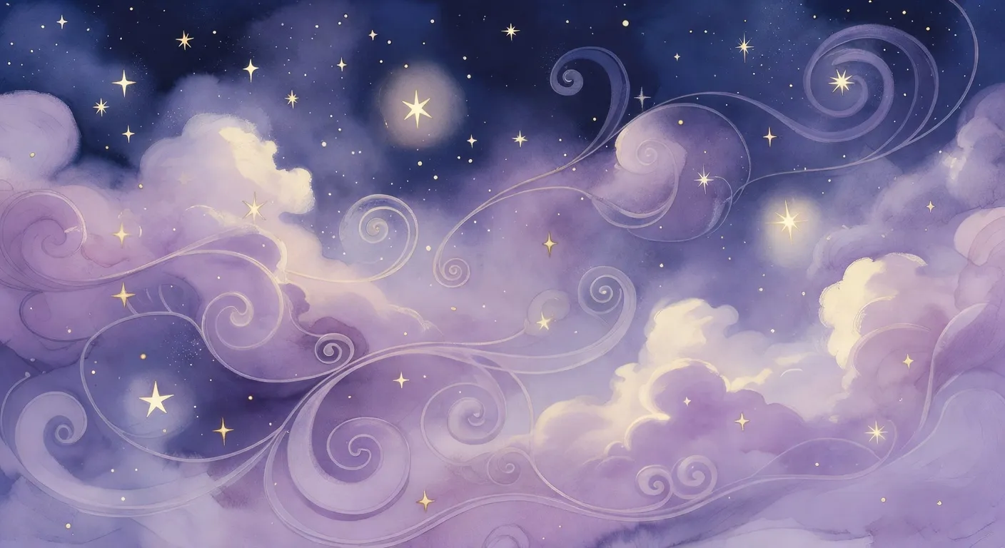 Illustration onirique de spirales et boucles dans un ciel nocturne étoilé