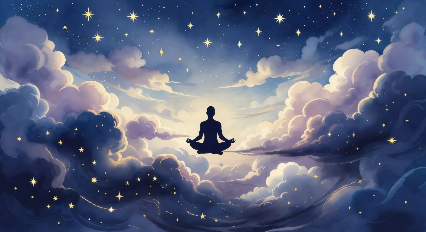 Illustration onirique d'une silhouette méditant dans un ciel entre orages et étoiles