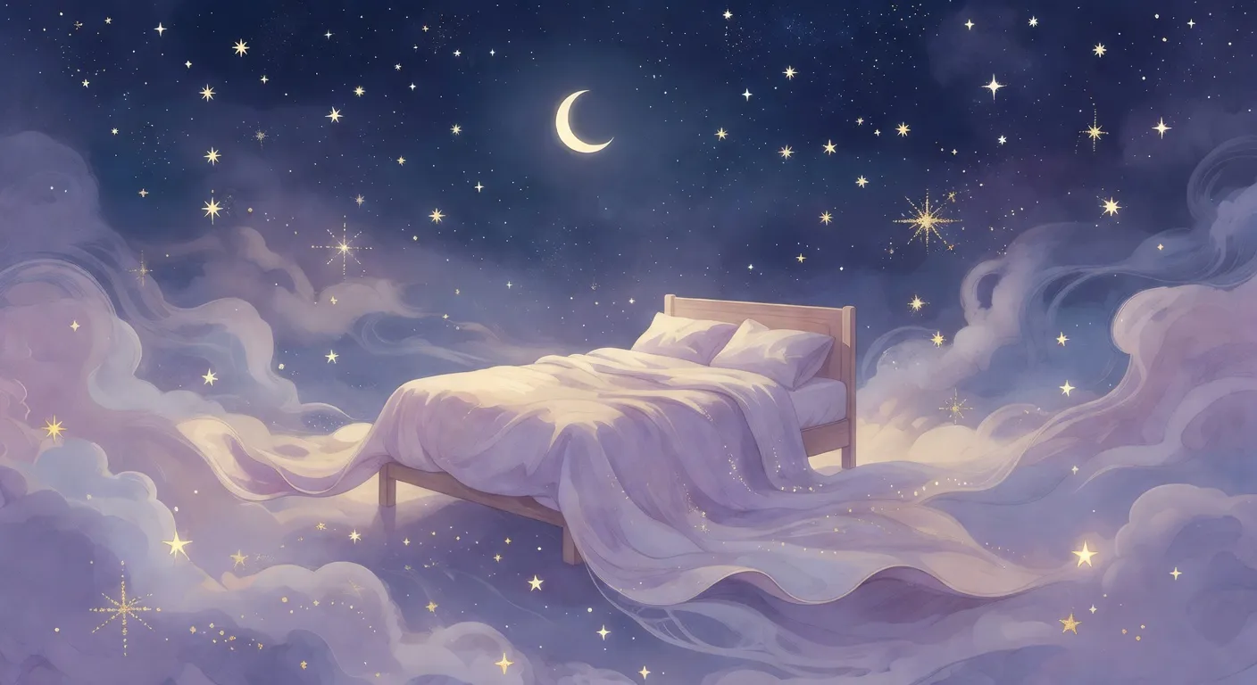 Illustration onirique d'un lit flottant dans un ciel nocturne étoilé avec une lune croissante