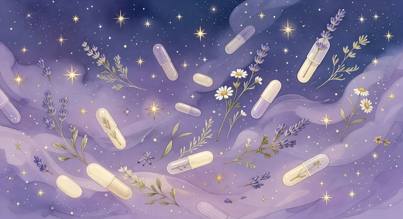 Illustration onirique de capsules et plantes flottant dans un ciel étoilé lavande